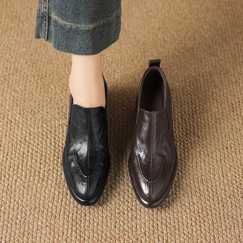 2026 new spring summer women pumps natural leather 22-25cm soft sheepskin+pigskin round toe thick heel loafers women shoes