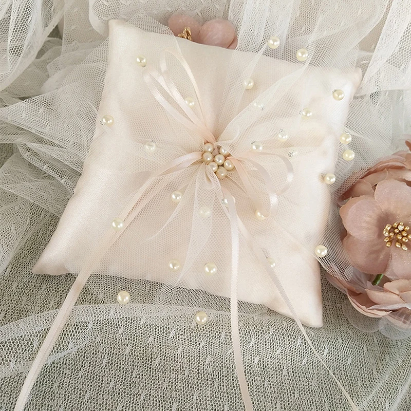 15x15cm European Romantic Bridal Wedding Ring Pillow Double Heart White Blue Handmade Ribbon Cushion Decor for Wedding Ceremony