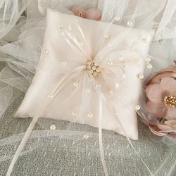 15x15cm European Romantic Bridal Wedding Ring Pillow Double Heart White Blue Handmade Ribbon Cushion Decor for Wedding Ceremony
