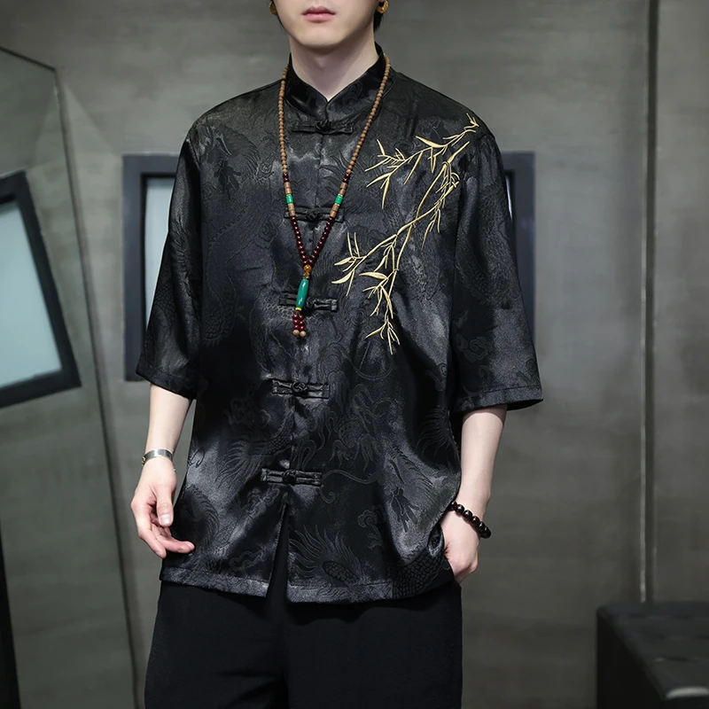 2024 Summer Embroidery Shirt Men Ice Silk High Quality Casual Loose Short Sleeve Tops Retro Kung Fu Traditional Cardigan Mens