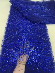 Royal Blue High Quality African French Handmade Bead Fabric 2024 Sewing Sequins Embroidery Nigeria Lace Fabric for Wedding Q24-1