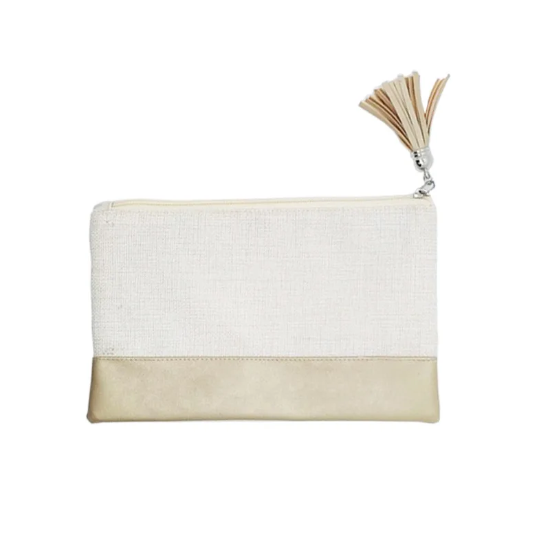 Thermal Sublimation Blank Small Cosmetic Bag With Fringe Linen Storage Bag With Zipper Heat Transfer For Custom Coin Bag