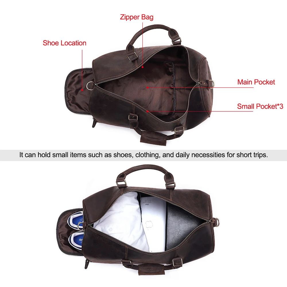 Large Capacity Crazy Horse Leather Travel Bag Retro Style Dry Wet Separation Sports Fitness Bag for Business Commute