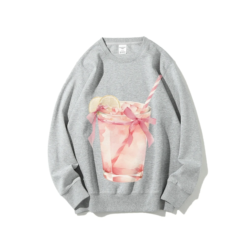 

Pink Drink Bow Sweatshirt Print Refreshing Cute Summery Y2K Graphic Clothes Soft Fabric for Beverage-Inspired Casual Looks