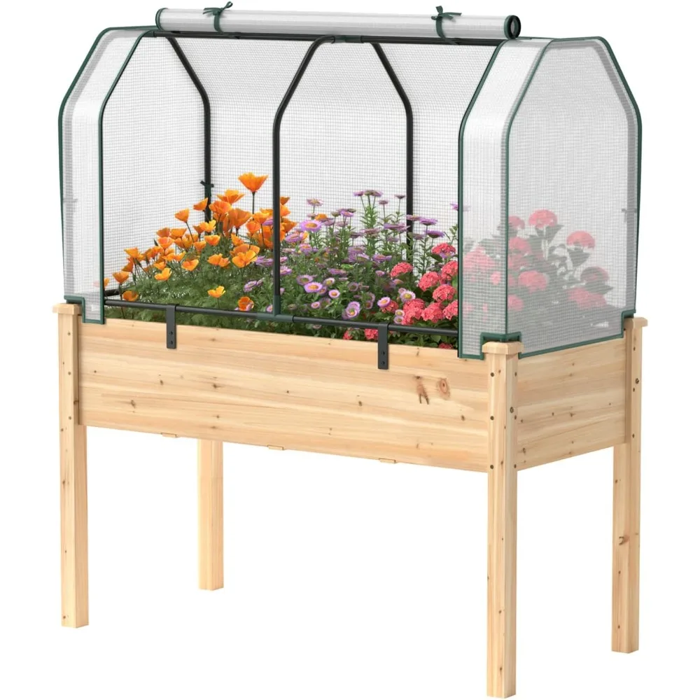 

Raised Garden Bed with Mini Greenhouse, w/Dual Zipper Door, 47.5”x21.5”x24” Planter with Green House for Patio Lawn Gard