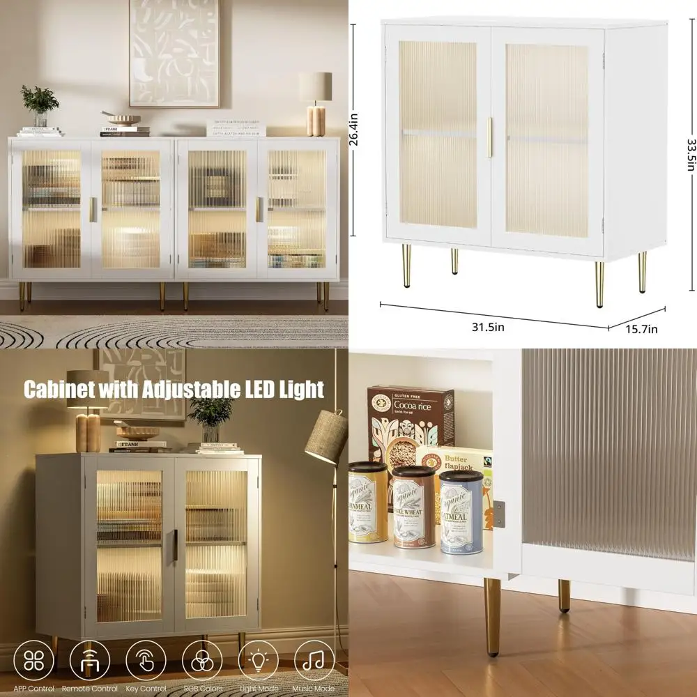 Modern LED-Illuminated Buffet Sideboard with Fluted Acrylic Doors and Coffee Bar Functionality