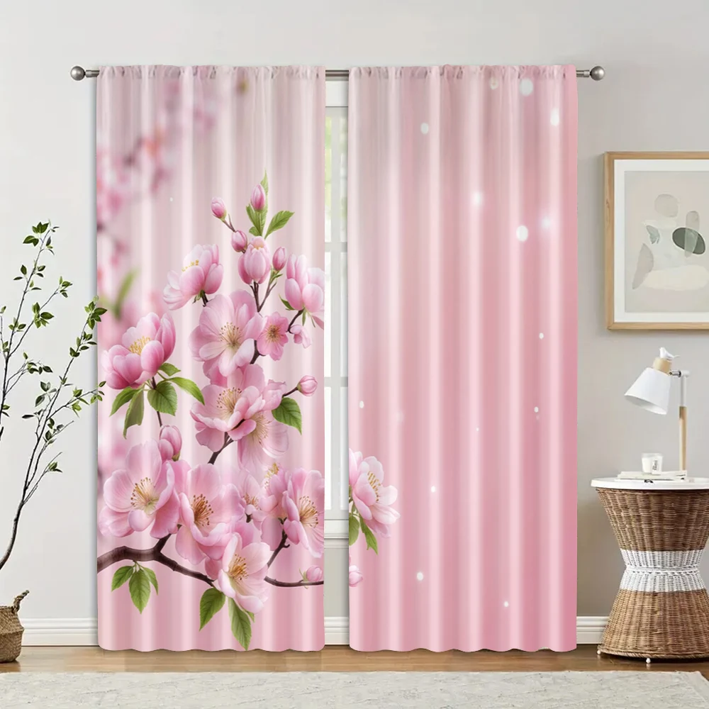 2pcs, Curtain Popular Bright pink cherry blossoms and green leaves Fabric (without rod) Decorations Clearance Ldeal for Season