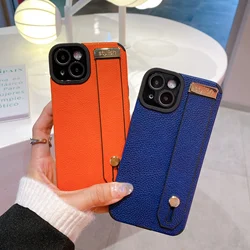 Luxury Leather Wristband Blue Brown Orange Phone Case For Iphone 11 12 13 14 15 16 Pro MAX 14Plus X XR XS SE 2020 7 8 Plus Cover