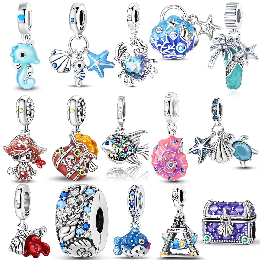 Original 925 Silver Plated Seahorse Crab Pirate Treasure Chest Sea Marine Beads Fit Bag Charms Bracelet Jewelry Gifts for Women