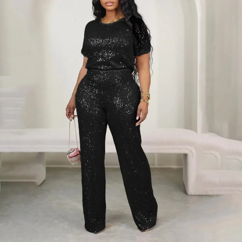 Women Sequin Party Suit Sequin Round Neck Women's Top Pants Set with High Elastic Waist Wide Leg Straight Trousers 2 Piece