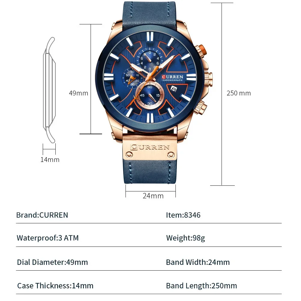 CURREN 8346 ساعة وقت رجالية كوارتز ضوء الليل الترفيه ساعة رياضية رجالية تاريخ تلقائي مقاوم للماء ساعات جلدية للرجل #6