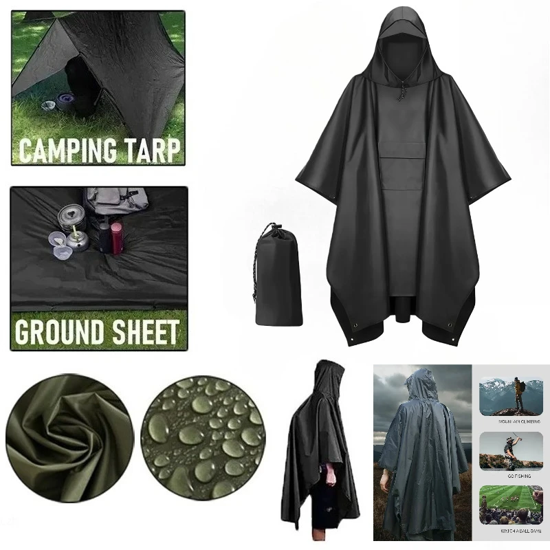 3 In 1 Outdoor Raincoat,Hooded Sleeve Waterproof Rain Poncho,Motorcycle Rain Cover,Camping Hiking Travel Rainwear Tent.