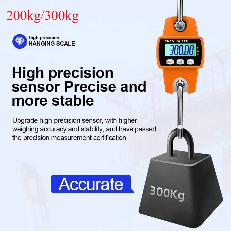 Báscula Digital Colgante Multifunción de 200/300 kg con Pantalla LCD, Herramienta de Pesaje Portátil para Maletas, Pesca, Bicicletas y Pruebas de Carga Industrial