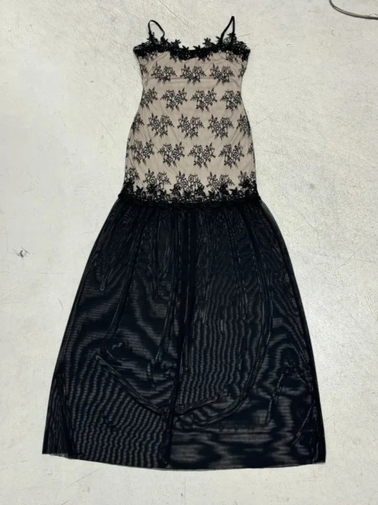 SsTss Sexy durchsichtiges Mesh-Spitzen-Maxikleid für Damen, elegantes Spaghettiträger, ärmellos, durchsichtig, schlankes langes Kleid für besondere Anlässe