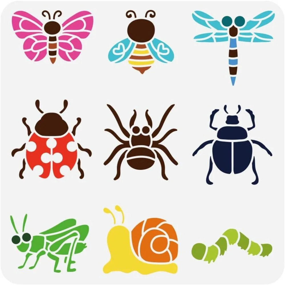 Cartoon Animals Stencil for Painting 11.8x11.8 inch Hollowed Butterfly Bee Dragonfly Ladybug Drawing Template Large Spider