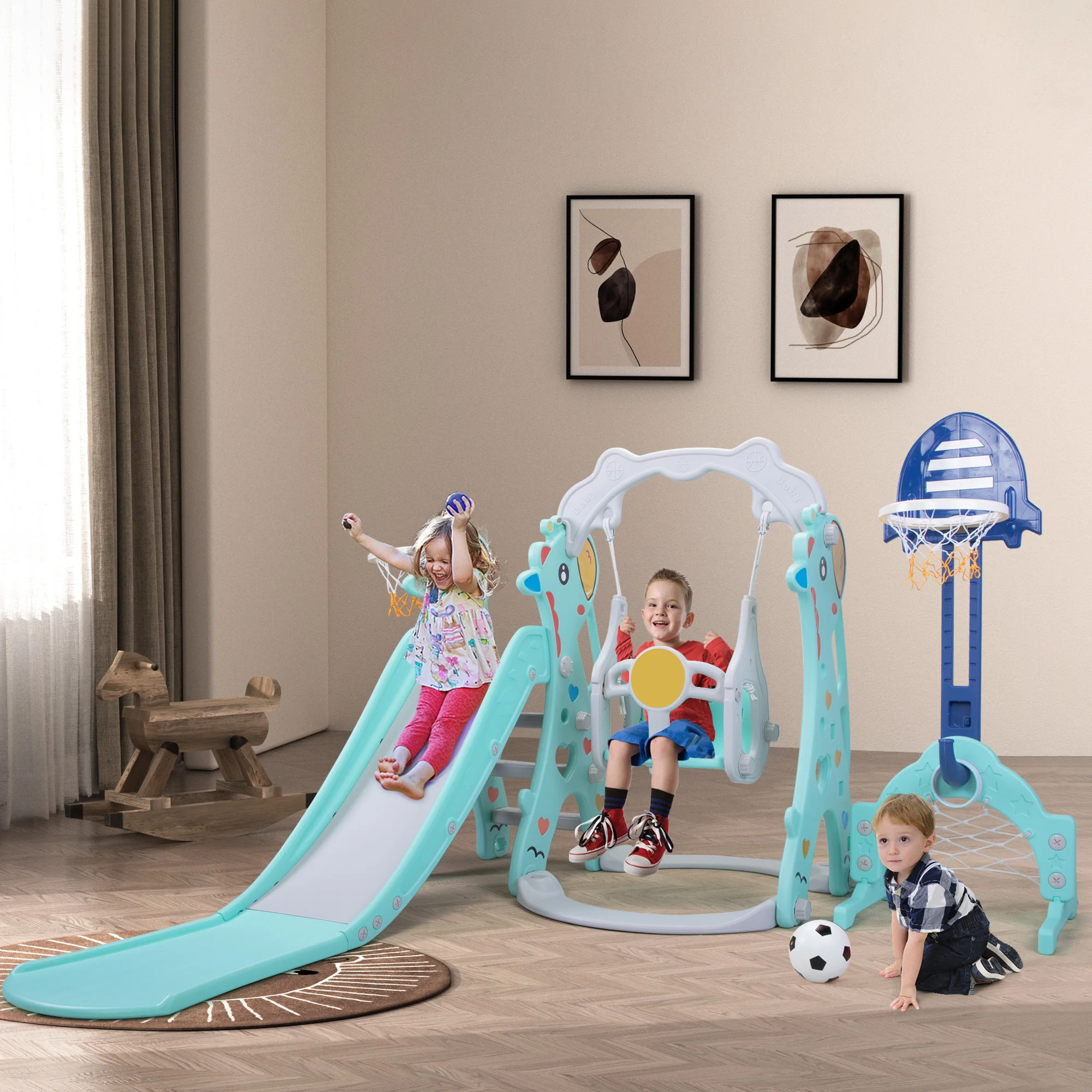 5 in 1 Slide and Swing Playing Set, Toddler Extra-Long Slide with 2 Basketball Hoops, Football, Ringtoss, Indoor Outdoor