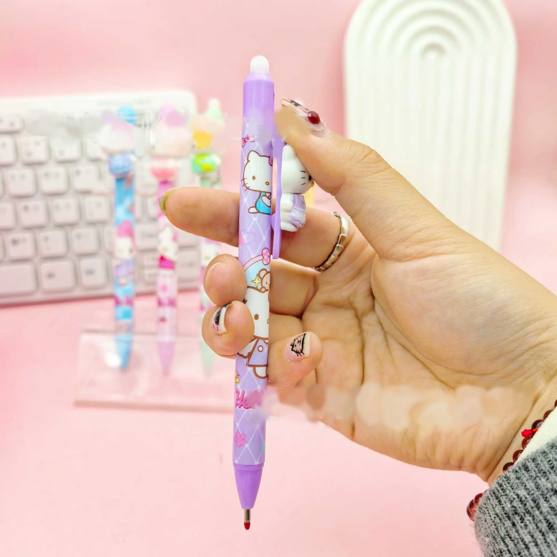 Zufällige Auswahl 3/6 Stück Hello Kitty Cartoon 0,5mm Radierbarer Blauer Stift Kawaii Hellokitty My Melody Signaturstift Schreibgerät für Schüler