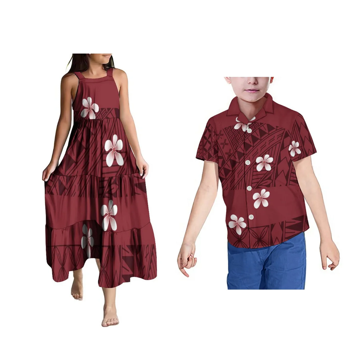 

Children Set Polynesian Style Samoa Girls Printed Halter Long Dress Island Ethnic Boys Custom Shirt