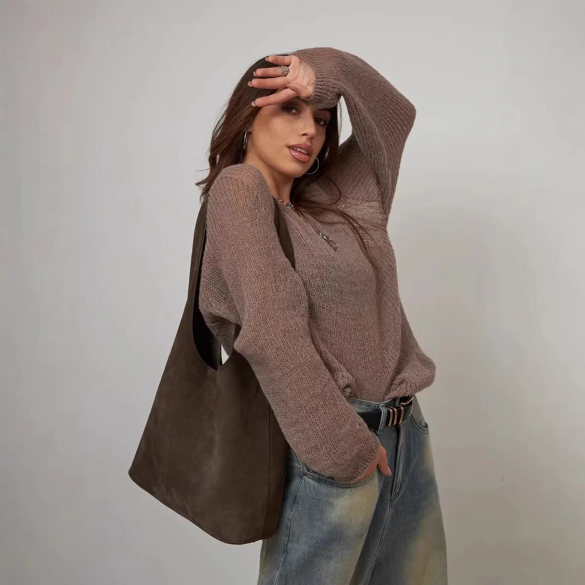 Women's V-Neck Knit Pullover Hollow Out Long Sleeve Solid Color Summer Sun Protection Lightweight Loose Fit Elegant Knit Tunic