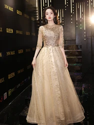 Shiny Glitter Evening Dresses Long Modest O-Neck A-Line Floor-Length Sleeved Women Formal Gowns For Wedding Party