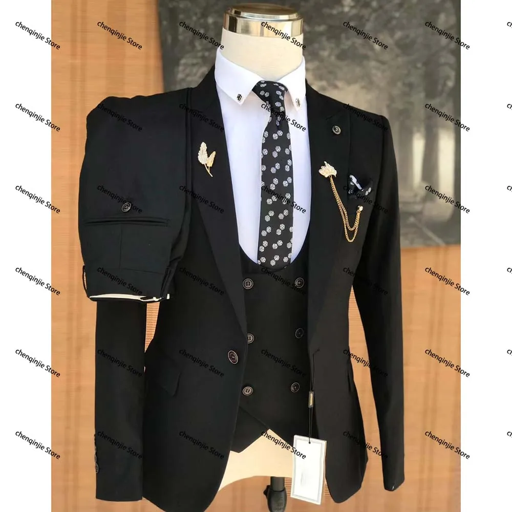 Solid Color Formal Men Suits One Button Peak Lapel Blazer Skinny 3 Piece Jacket Pants Vest Outfits Luxury Wedding Full Set Terno