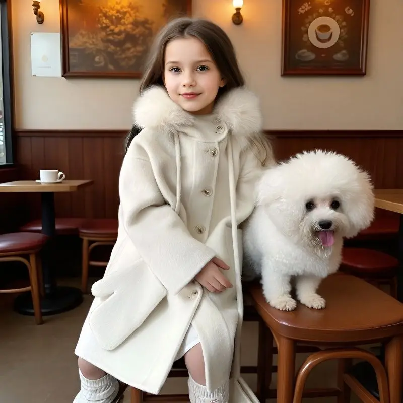 

autumn winter teen girl big fur collar Soft woolen overcoat junior kids length topcoat casual child outerwear coat Blends 3-8 12