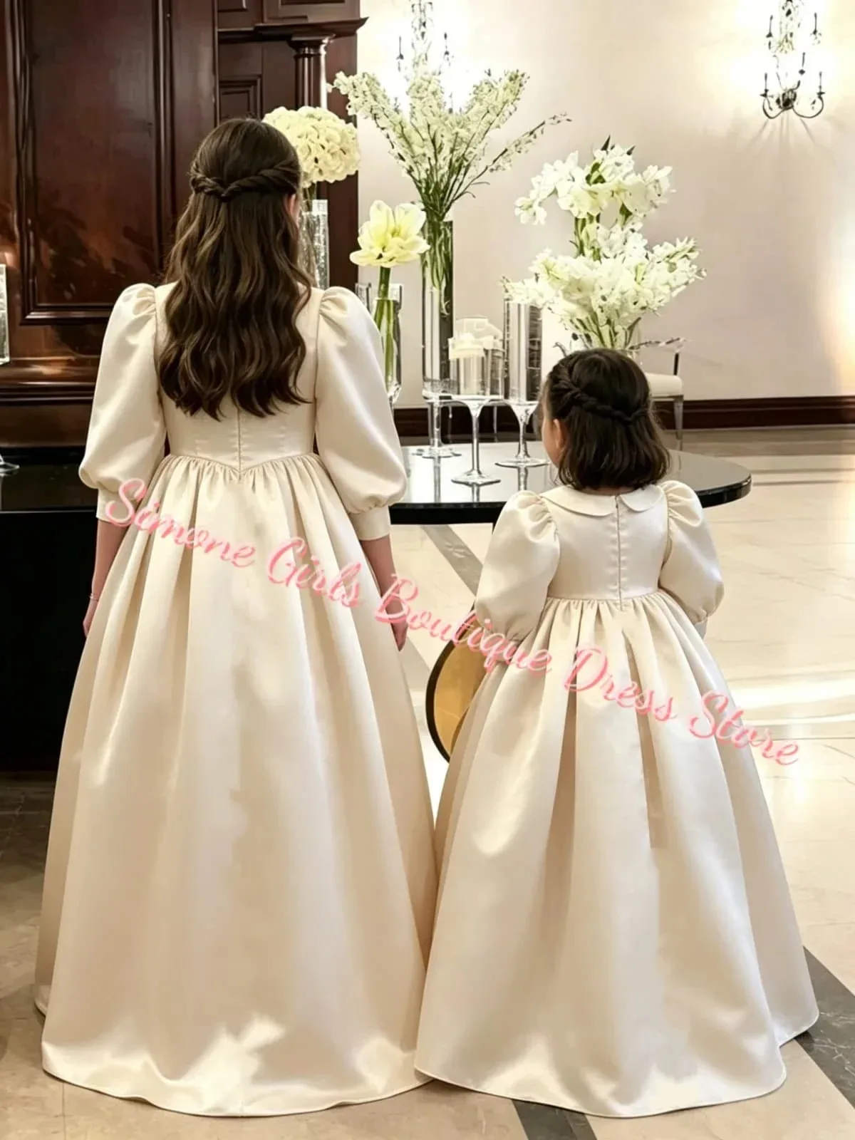 Customized Ivory Puffy Flower Girl Dress For Wedding Doll Collar Satin 3/4 Sleeves First Communion Kids Birthday Party Gown
