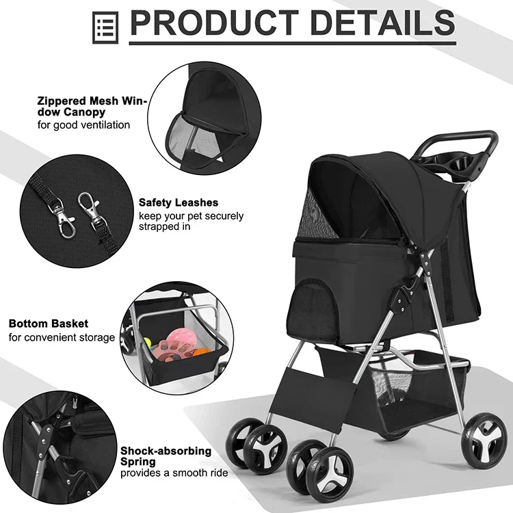 Pet Stroller,4 Wheel Dog Stroller For Large Or 2 Dogs Foldable Carriage Quick Installation Pet Stroller Wheeled Pet Carrier