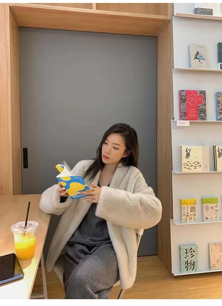 معطف فرو الثعلب المقلد الدافئ والفضفاض للنساء ، رقبة حرف V ، أنثى ، كوري ، جديد ، خريف ، شتاء #6