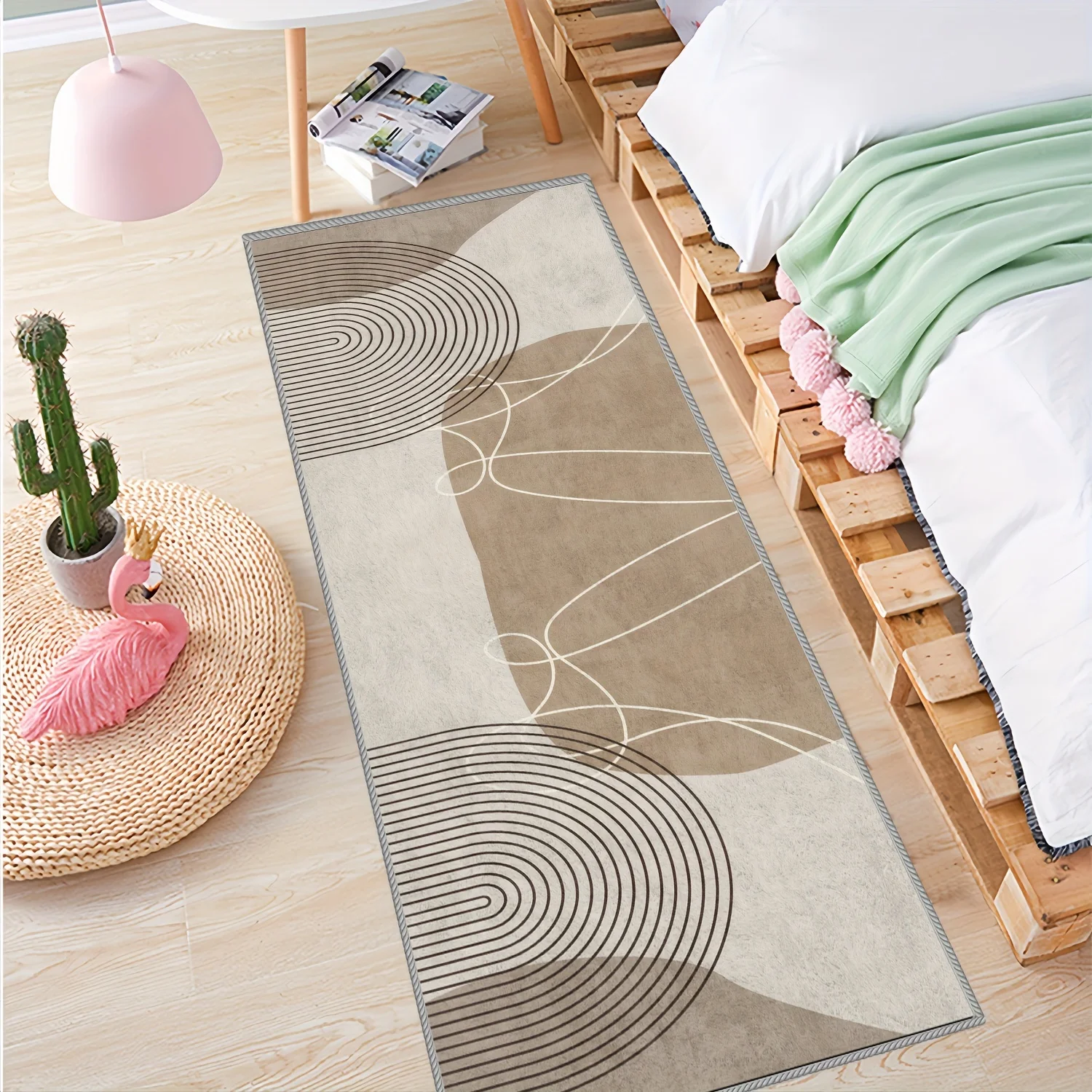 Mid Century Modern Long Area Rug  Neutral Tone Geometric Curve Line Print Washable Non Slip Carpet Carpets for Living Room