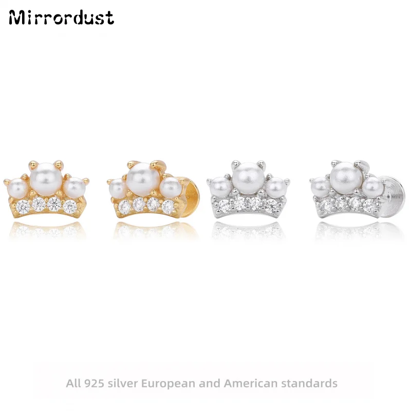 

【Mirrordust】S925 Серебряные серьги Корона с жемчугом и цирконом Серьги для пирсинга Плоская спиральная шпилька-гвоздик для ушей и носа для женщин