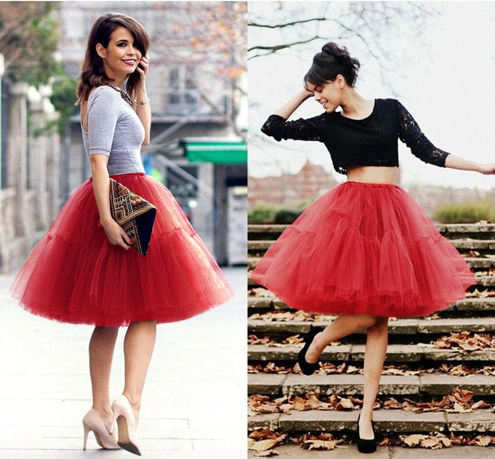 Fashion Red Multi-Layers Tulle Skirts Women Elastic Waist Puffy Knee Length Tutu Petticoat Lolita Cosplay Underskirt Jupons