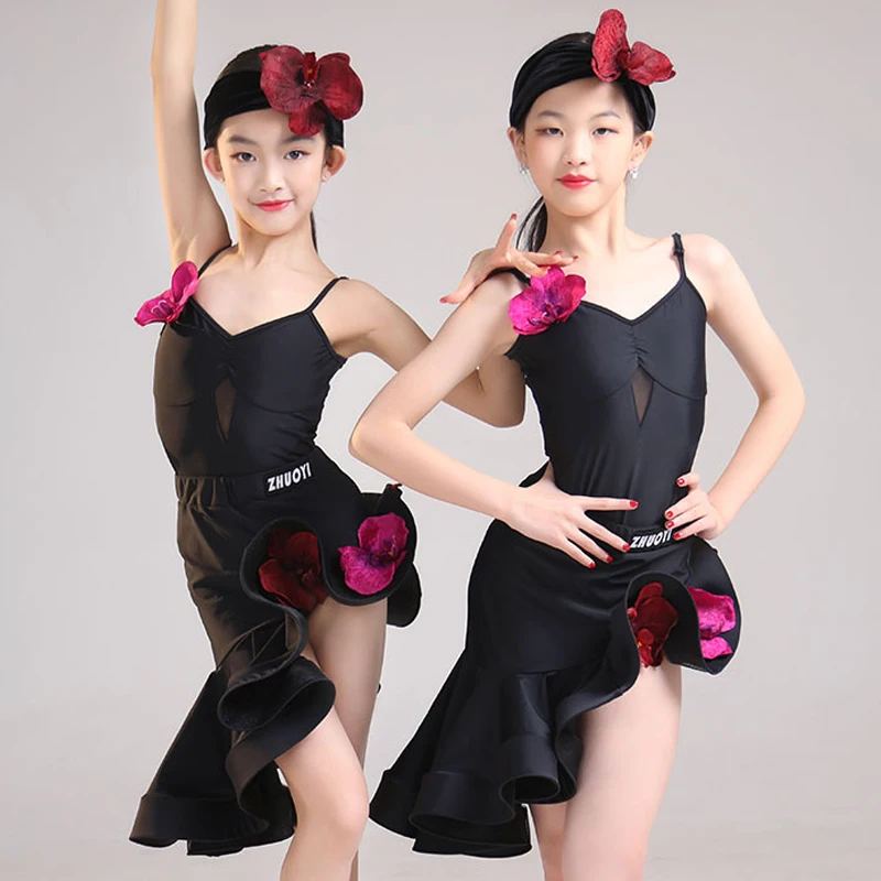 

Summer Girls Latin Dance Dress Flower Costume Black Performance Practice Clothing Rumba Ballroom Dance Competition Dress NV19408