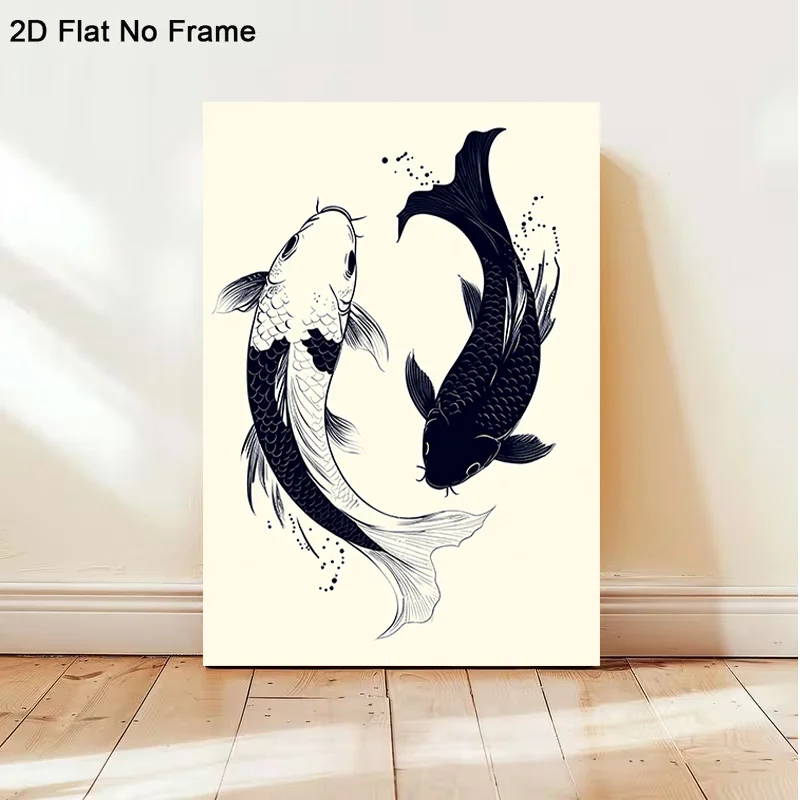 Japanese Koi Fish - Modern Minimalist Black & White Suitable for Living Room, Bedroom, Office Decor - Frameless, Halloween Chri