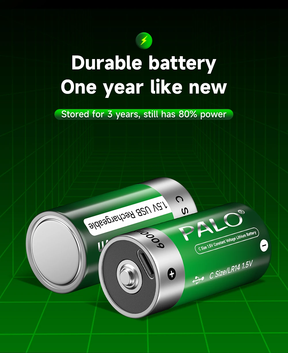 PALO 1,5V C-Größe Li-Ionen-Akku 6000mWh Typ C Wiederaufladbare Lithium-Batterien C-Größe Lipo LR14 Akku für Taschenlampen Gaskocher – Detail 8