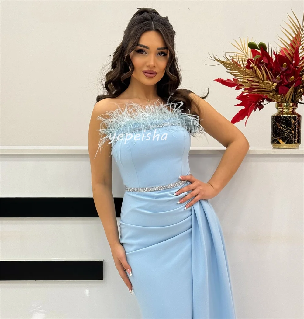 Customized Intricate Fashion Jersey Beading Sequined Feather Draped Straight Strapless Long Dresses Bespoke Occasion Dresses