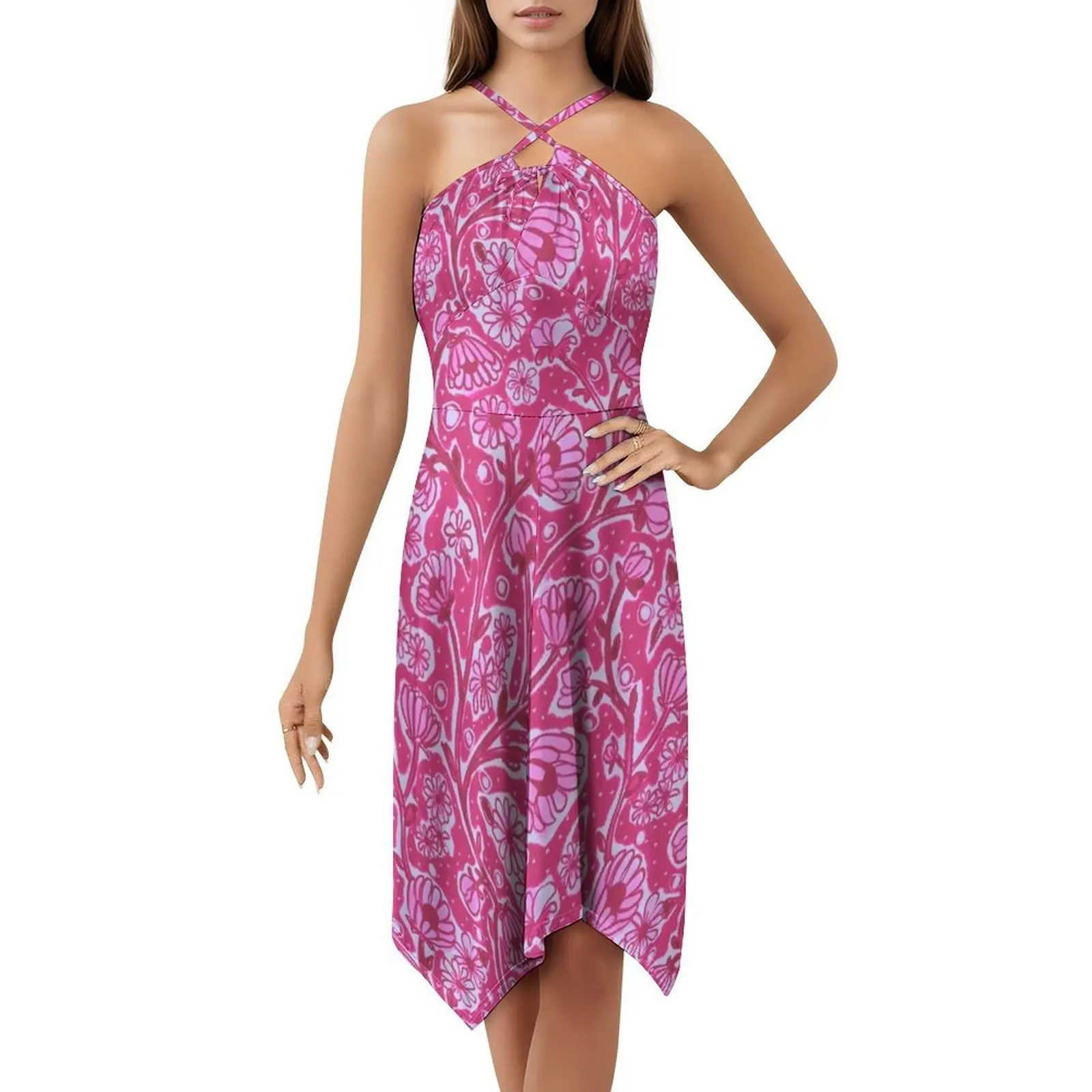 Fleurs de crayon de printemps dessinées à la main |   Robe décontractée de Style coréen rose sur rose pour femmes, robes de bureau simples au quotidien, Crayon