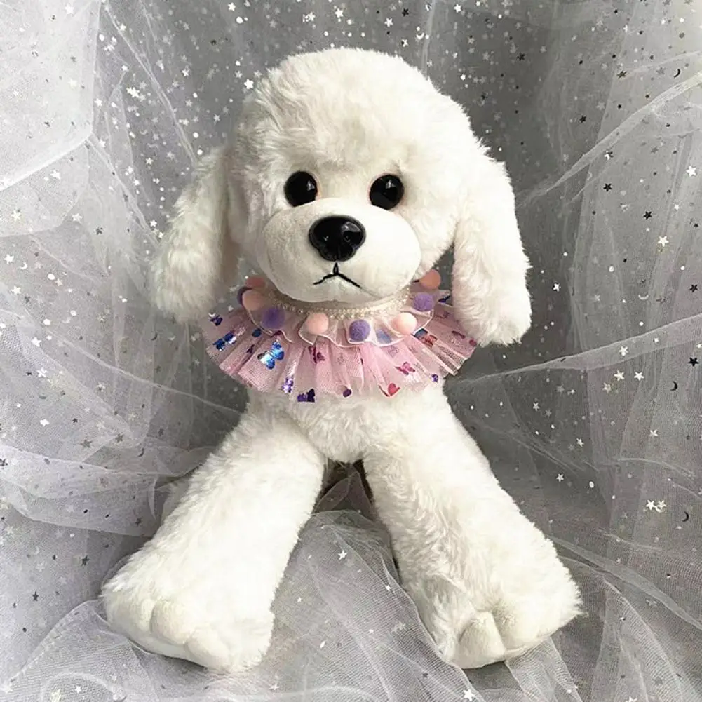 

Pet Bib Elegant Dog Necklace Kawaii Faux Pearl Lace Bib with Plush Ball for Airtag