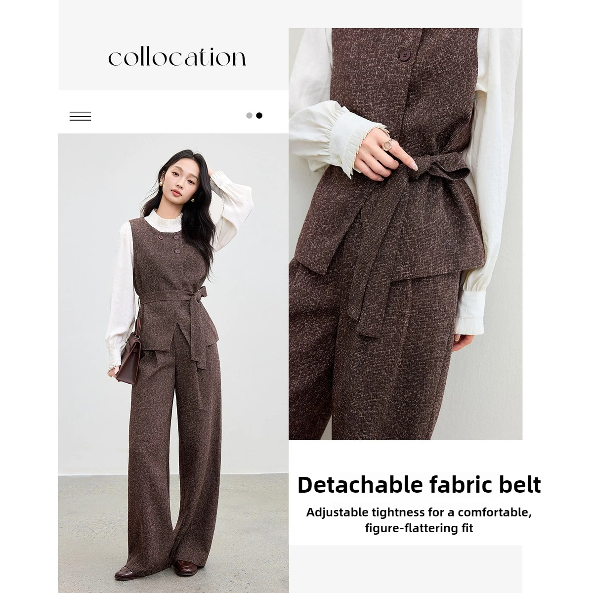 أطقم بناطيل تويد نسائية من SENTUBILA سترة برقبة دائرية وخصر مطاطي وبنطلون مستقيم الساق لخريف 2025 طقم مكون من قطعتين 153ZA2726