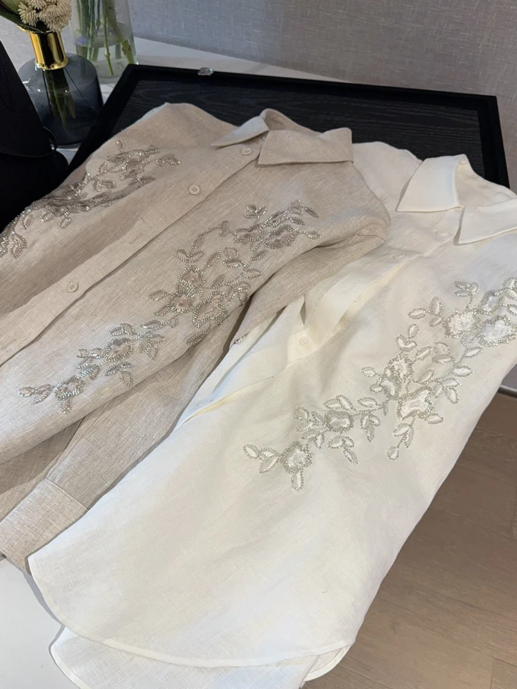 

Ele Loose Long Sve Pure Linen irt Jaet Women's Faionable Heavy Embroidery l Charismatic Breathable Button up