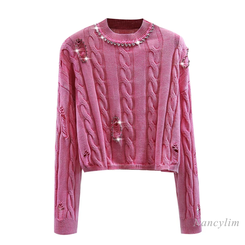 Beads Rhinestones Cable-Knit Sweater Woman 2024 Autumn and Winter High Waist Short Make Old Ripped Long Sleeve Pull Sweaters