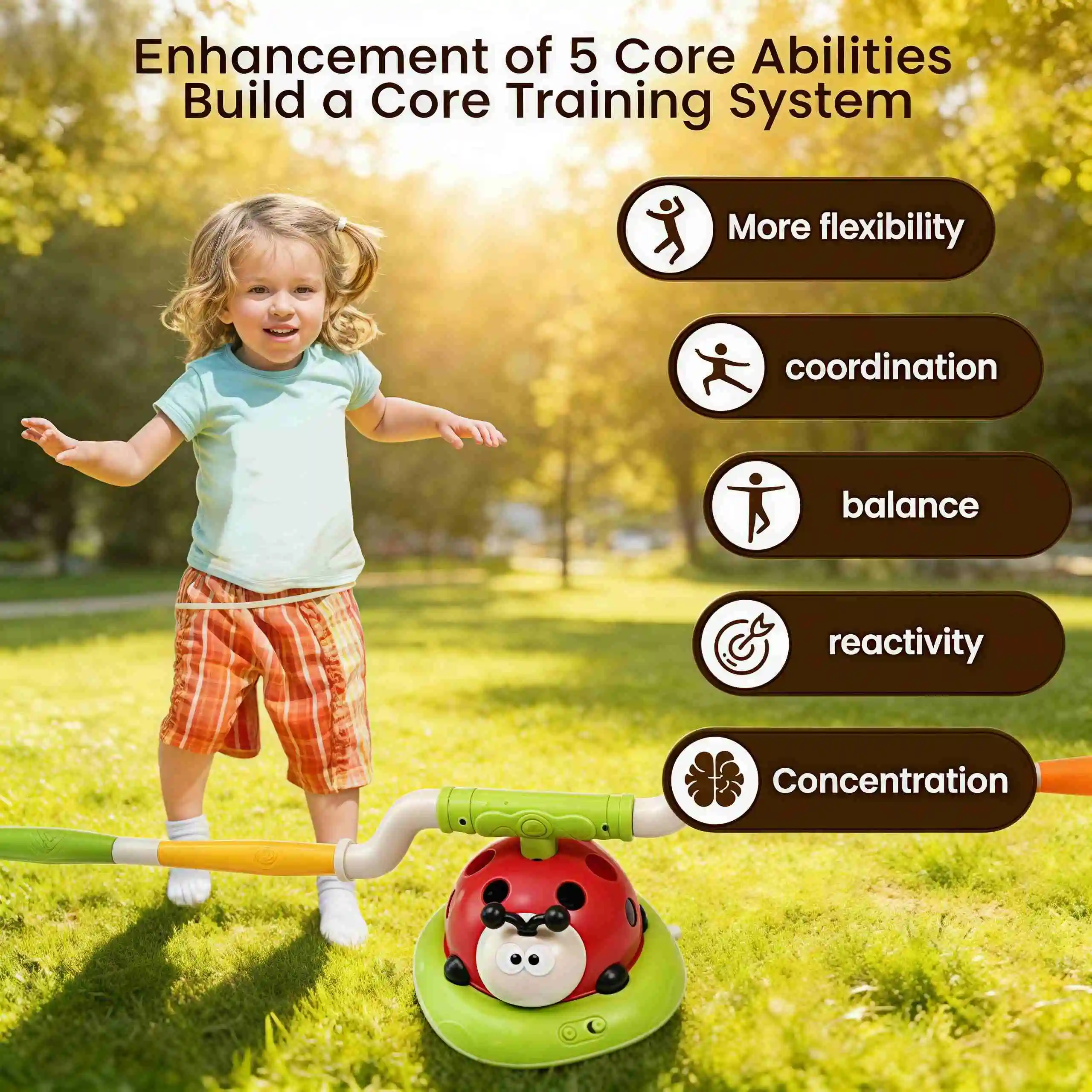 ของเล่นกีฬาและการศึกษาอเนกประสงค์เลดี้บั๊ก 4-in-1: เครื่องกระโดดเชือก, โยนห่วง, กระโดด, โยนถุงถั่วหรือลูกเบสบอล, เล่นยิงจรวด, ของเล่นในร่มและกลางแจ้งสำหรับเด็ก, ได้รับความนิยมจากเด็กชายและเด็กหญิง