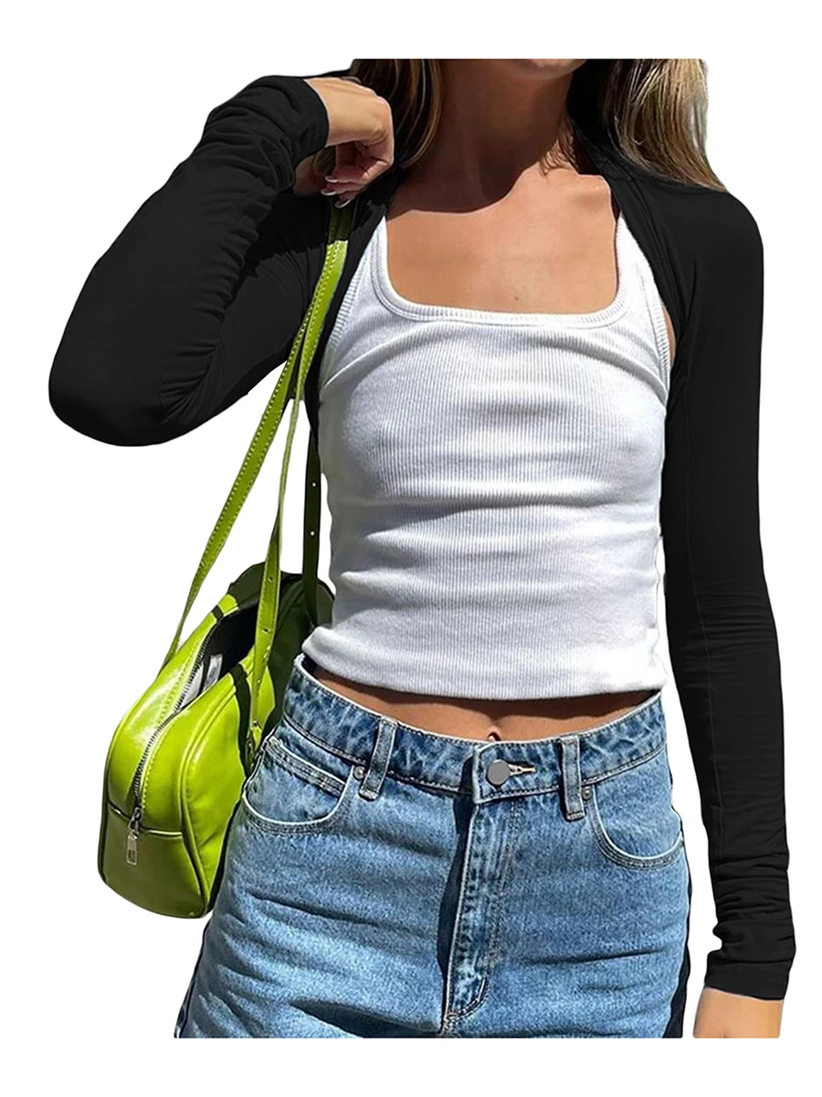 Women Crop Shrug Tops Casual Solid Color Sun Protection Long Sleeve Cardigan T-shirt Streetwear Clubwear