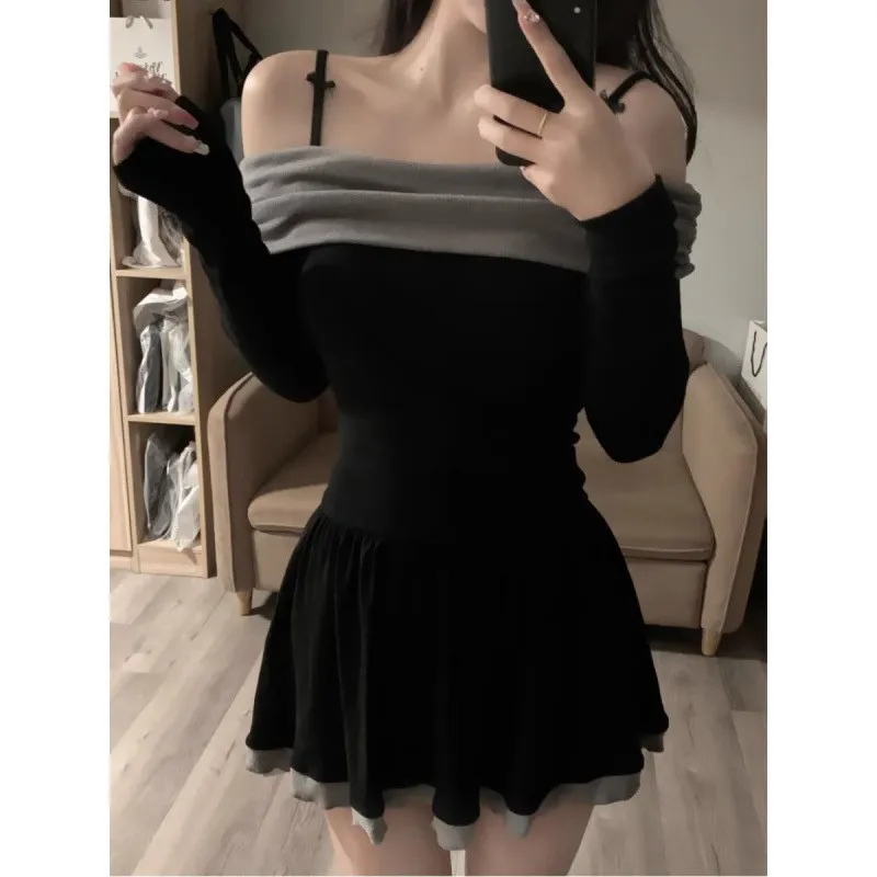 Spring Autumn French Bow Strap Short Dresses Color Contrasting Splicing Sling Vestidos Women Sexy Wrinkled Style A-line Dress