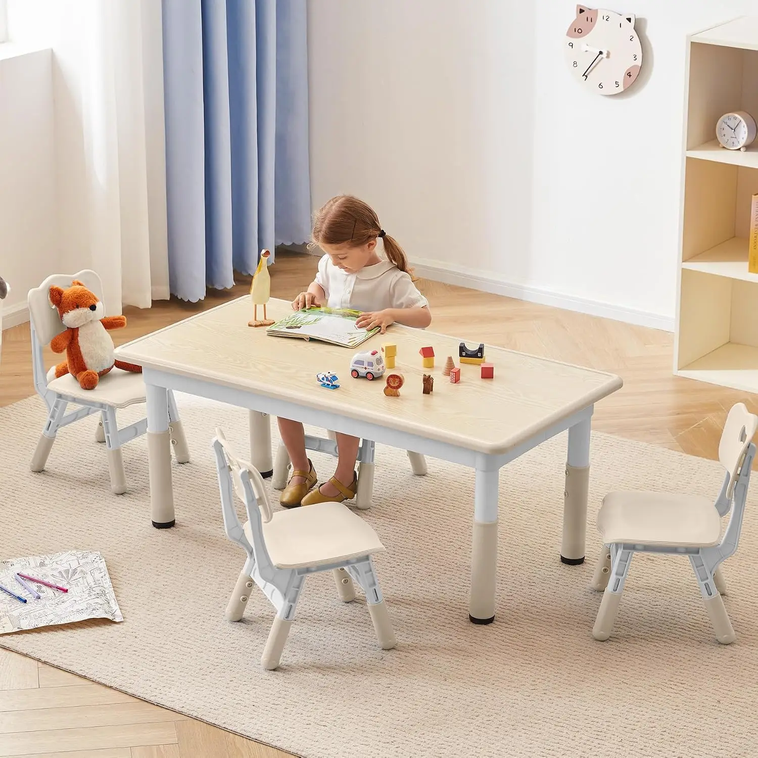 Height Adjustable Kids Study Table & Chair Set with Graffiti Desktop for Ages 3-8, Burlywood, Customized