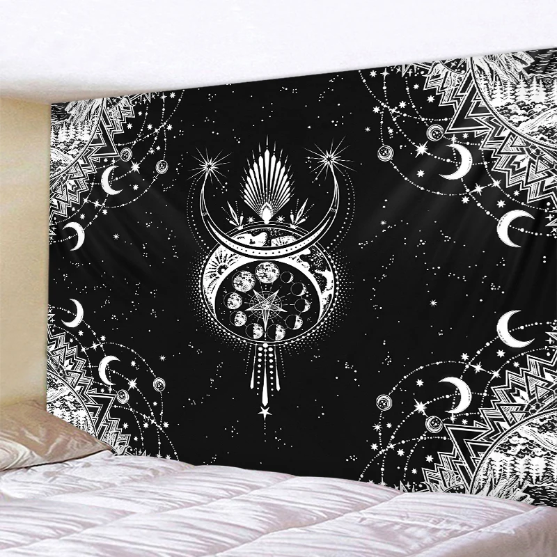 Black and white moon Mandala tapestry Bohemian decoration wall hanging bedroom psychedelic scene starlight art home 