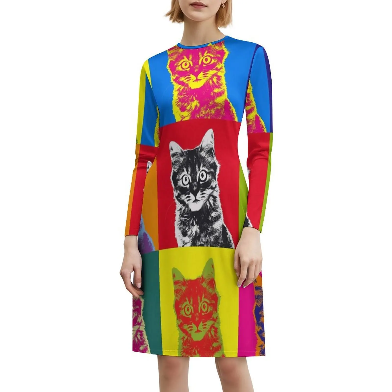カラフルな猫ヴィンテージボヘミアンドレスパフスリーブまたはノースリーブオプション女性用ドレス猫タビーキトゥン猫ペットポートレート