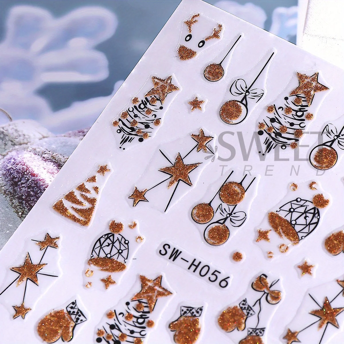 2개입 화려한 반짝이는 크리스마스 네일 아트 스티커 홀로그램 골드 글리터 크리스마스 트리 엘크 시계 디자인 새해 매니큐어 데칼