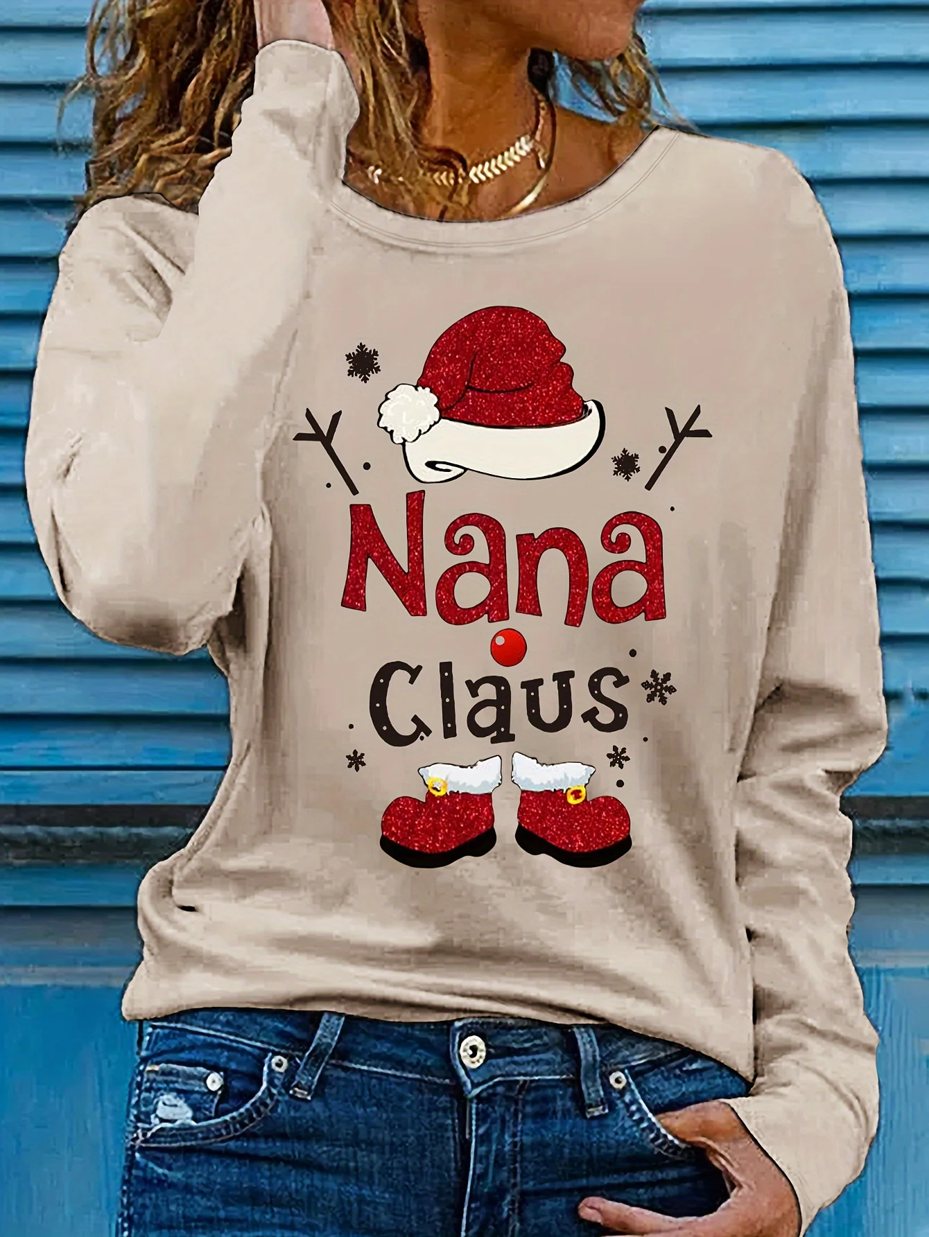 

Women's Spring and Autumn 100% Cotton Fashion Casual Loose Christmas Pattern Printed Round Neck Long Sleeve T-shirt Top