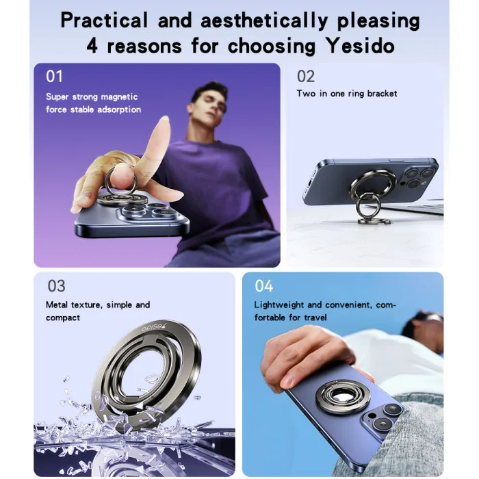 Yesido حلقة مزدوجة شفط مغناطيسي قابل للطي حامل هاتف حلقي معدني لسطح المكتب 360 درجة °   حامل سبيكة دوار